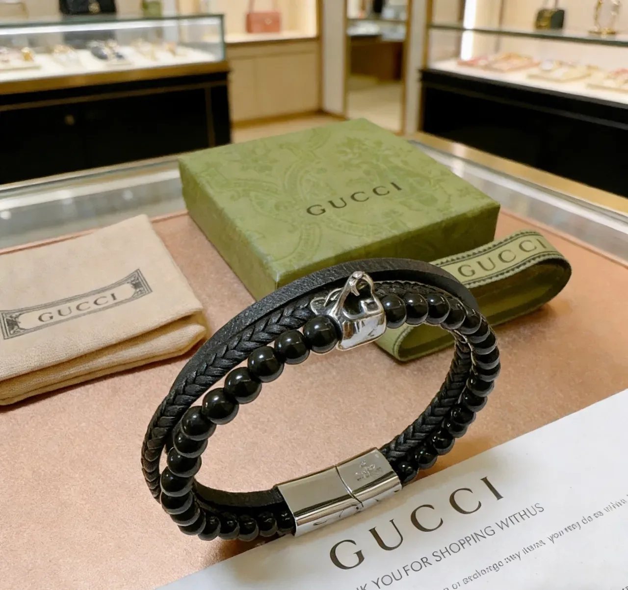 Gucci Braided Leather and Beaded Lion Head Bracelet 6