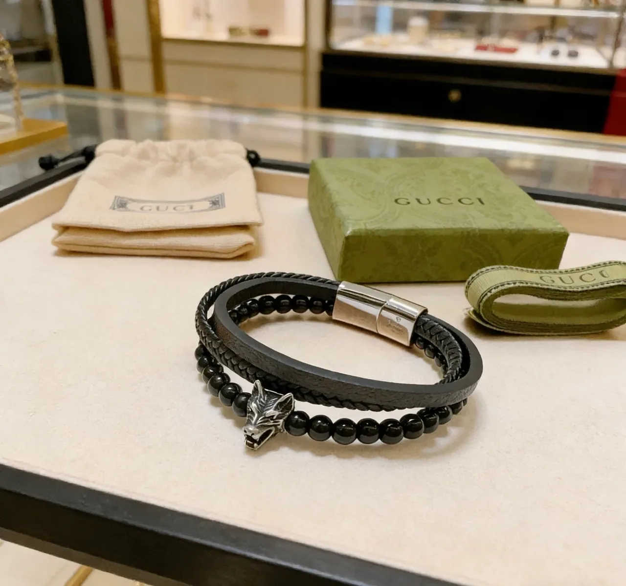 Gucci Braided Leather and Beaded Lion Head Bracelet 7