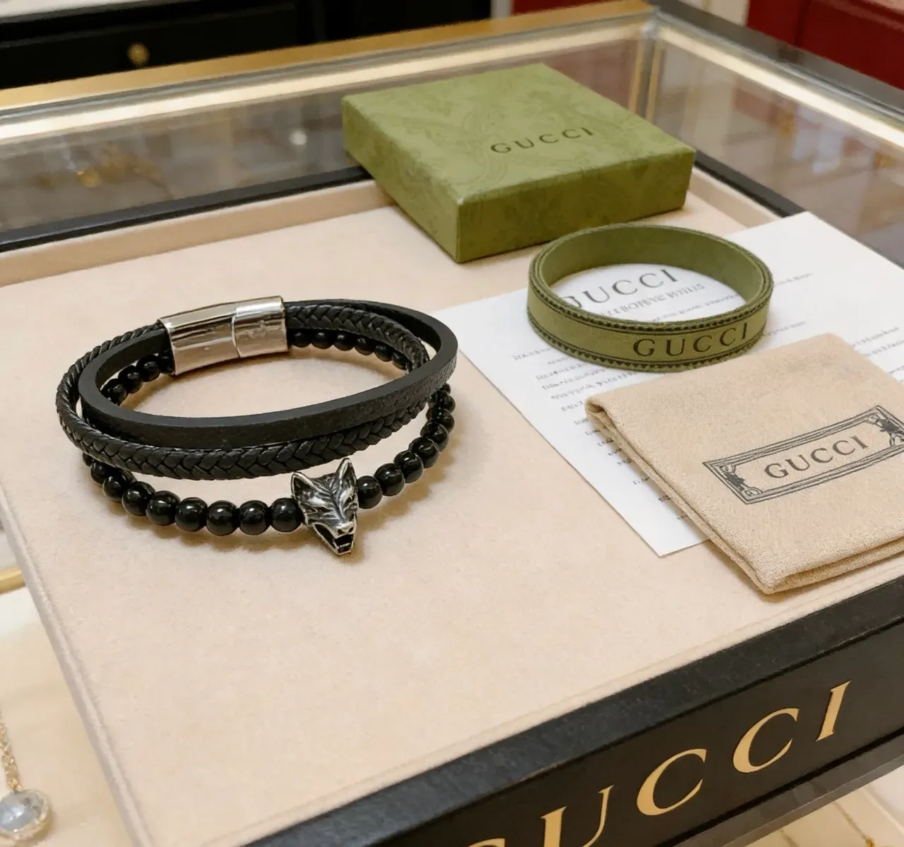 Gucci Braided Leather and Beaded Lion Head Bracelet 9
