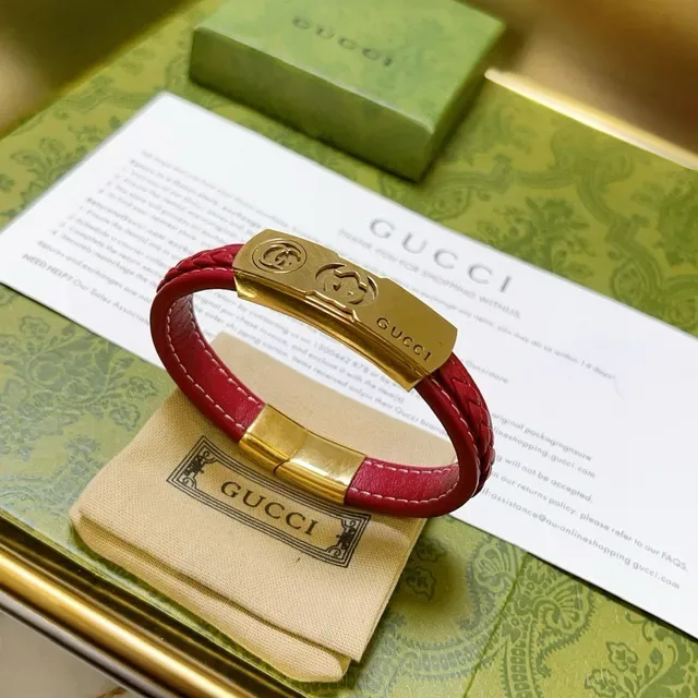 Gucci Braided Red Leather and Gold-Tone Metal Bracelet 3