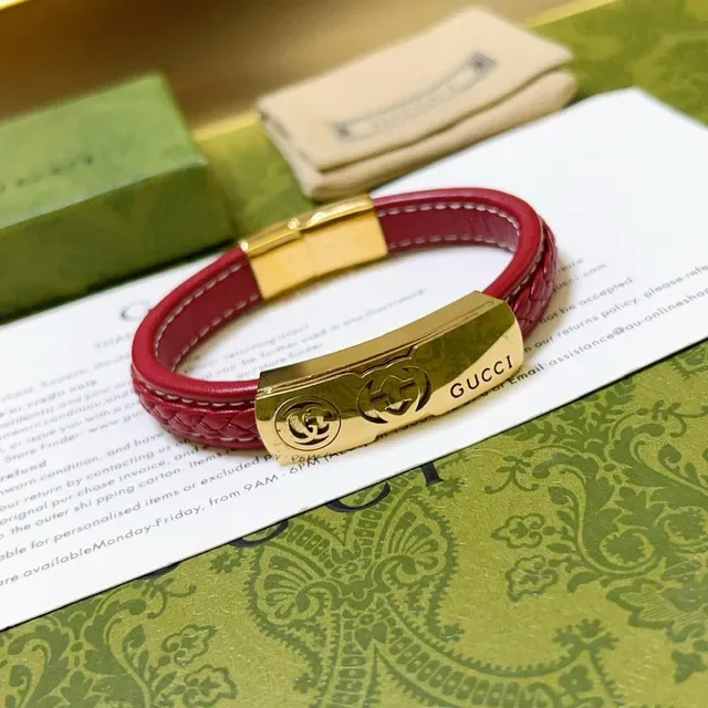 Gucci Braided Red Leather and Gold-Tone Metal Bracelet 5