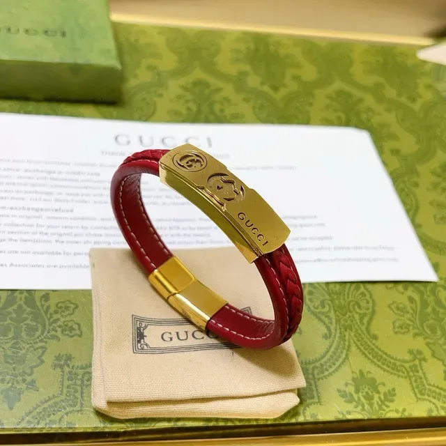 Gucci Braided Red Leather and Gold-Tone Metal Bracelet 6