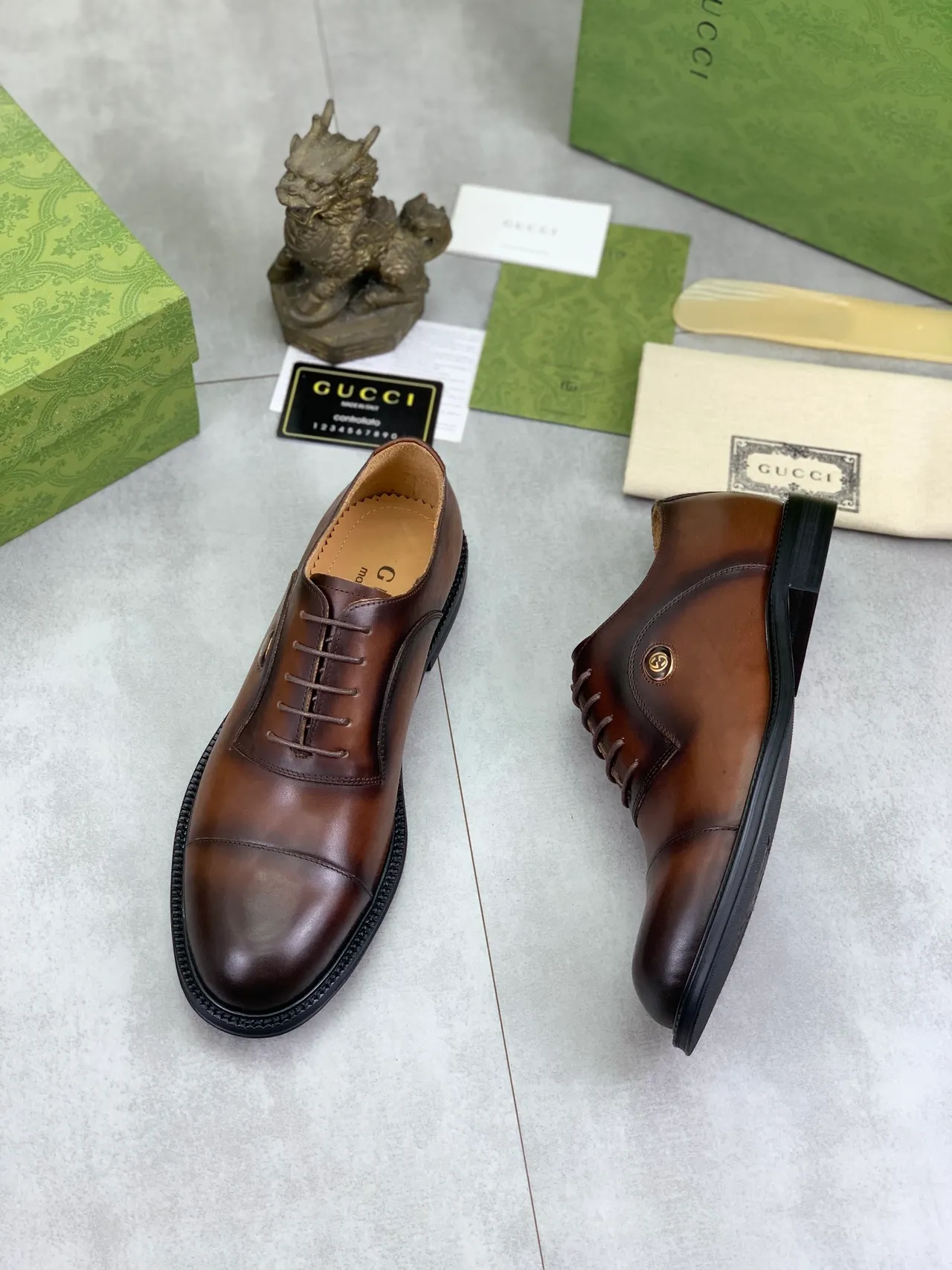 Gucci Marron Noir Cap-Toe Cuir Poli Chaussures Oxford 5
