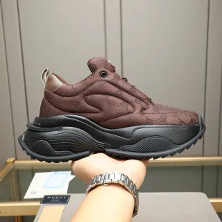 Gucci Brown Black Quilted GG Jacquard Upper Padded Collar Chunky Sneakers