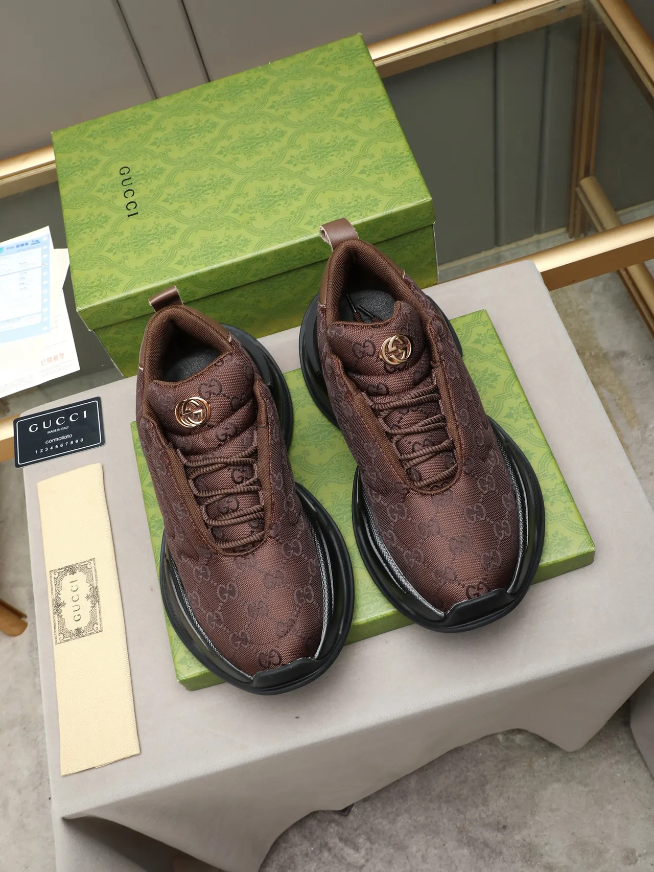 Gucci Brown Black Quilted GG Jacquard Upper Padded Collar Chunky Sneakers 2