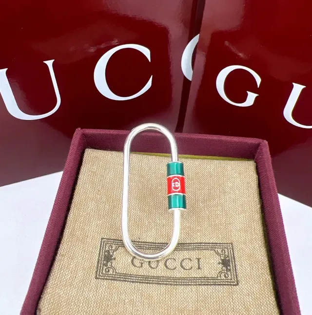 Gucci Carabiner Keychain Gold Red Enamel-Banded Bracelet 4