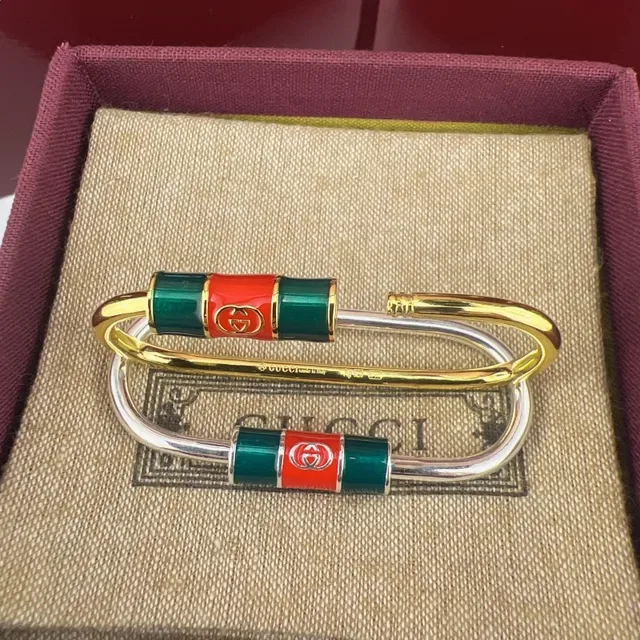 Gucci Carabiner Keychain Gold Red Enamel-Banded Bracelet 7