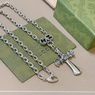 Gucci Cross Silver Black Ornate Pendant Necklace