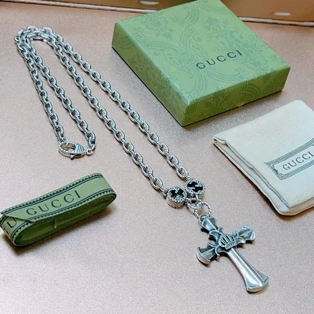 Gucci Cross Silver Black Ornate Pendant Necklace 3