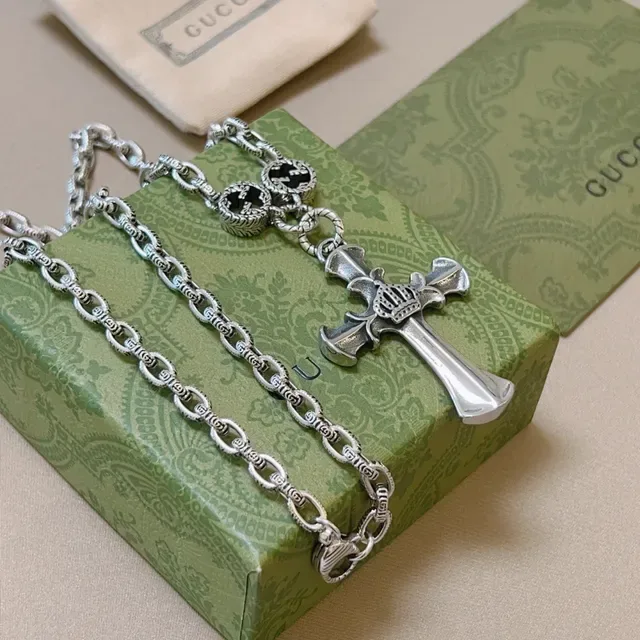 Gucci Cross Silver Black Ornate Pendant Necklace 4