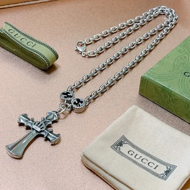 Gucci Cross Silver Black Ornate Pendant Necklace 7