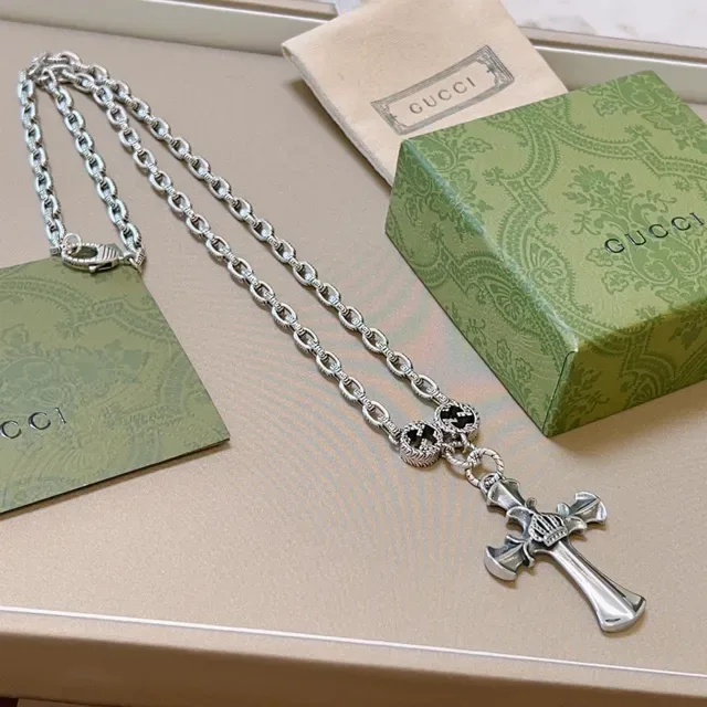 Gucci Cross Silver Black Ornate Pendant Necklace 9