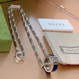 Gucci Dionysus Silver Blue Chain Link Ornate Engraved Pendant Necklace
