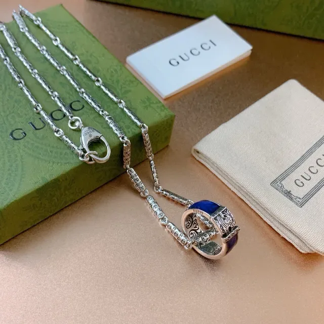 Gucci Dionysus Silver Blue Chain Link Ornate Engraved Pendant Necklace 8