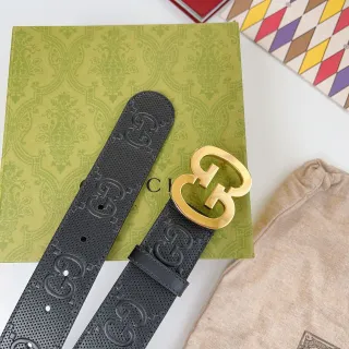 Gucci Double G Belt Black Gold Perforated Embossed GG Monogram Leather Belt
