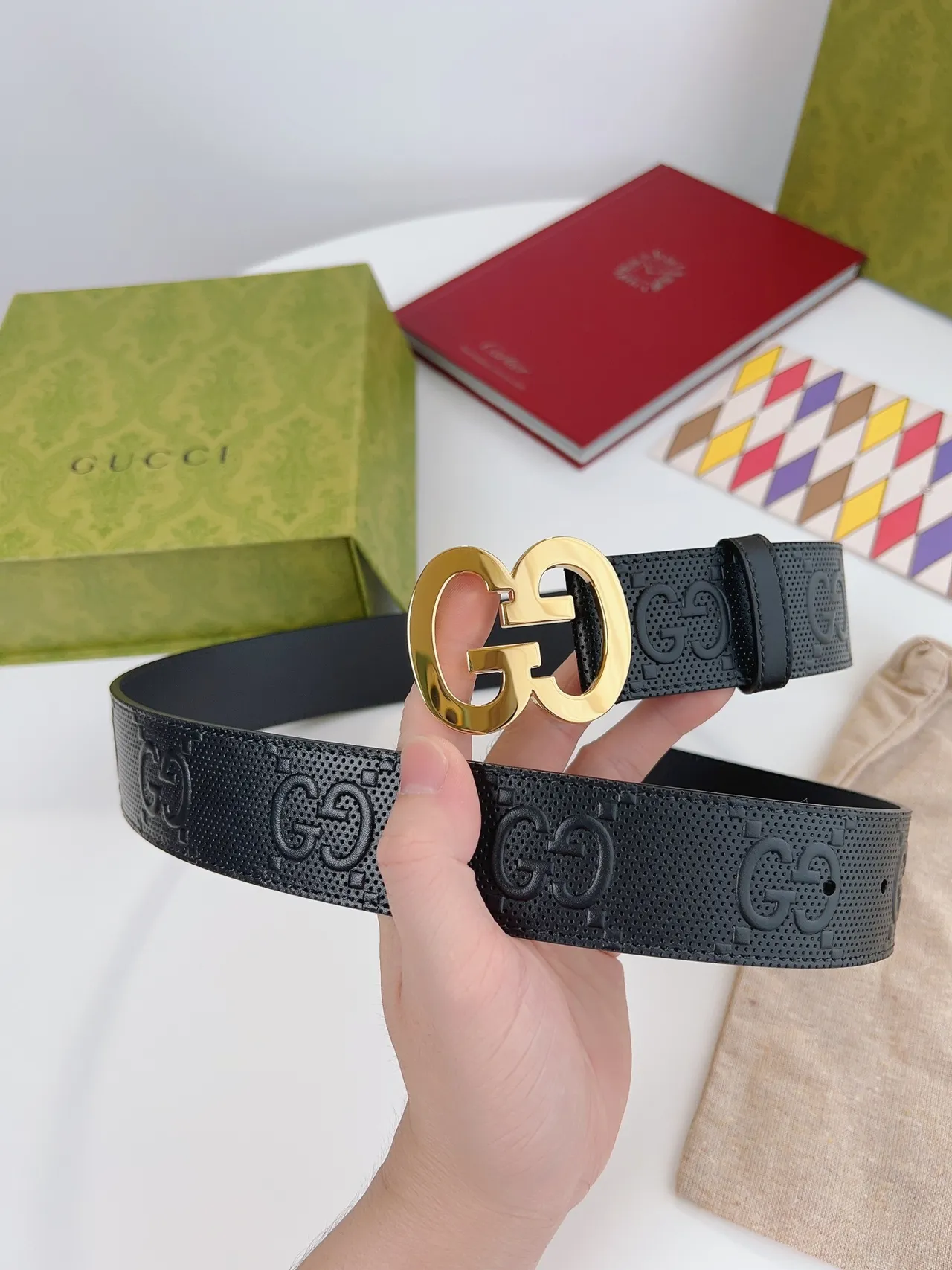 Gucci Double G Belt Black Gold Perforated Embossed GG Monogram Leather Belt 2