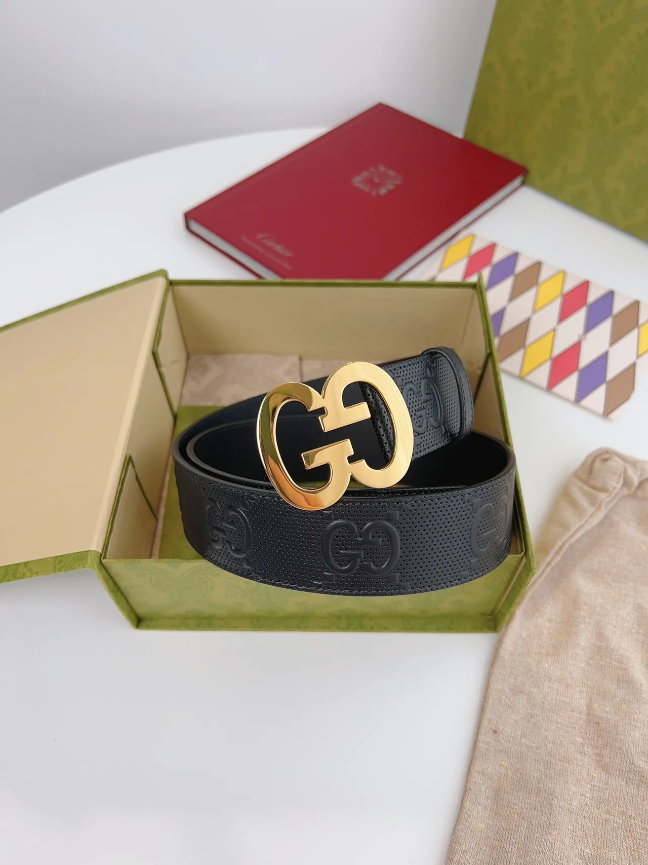Gucci Double G Belt Black Gold Perforated Embossed GG Monogram Leather Belt 3