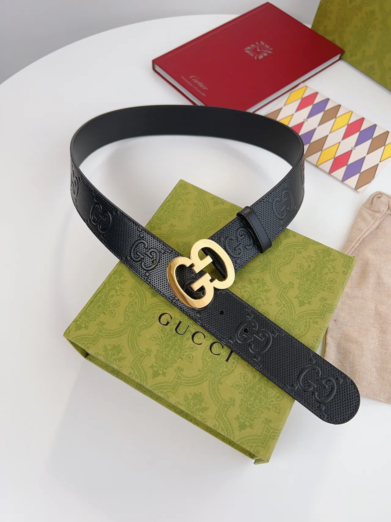Gucci Double G Belt Black Gold Perforated Embossed GG Monogram Leather Belt 4