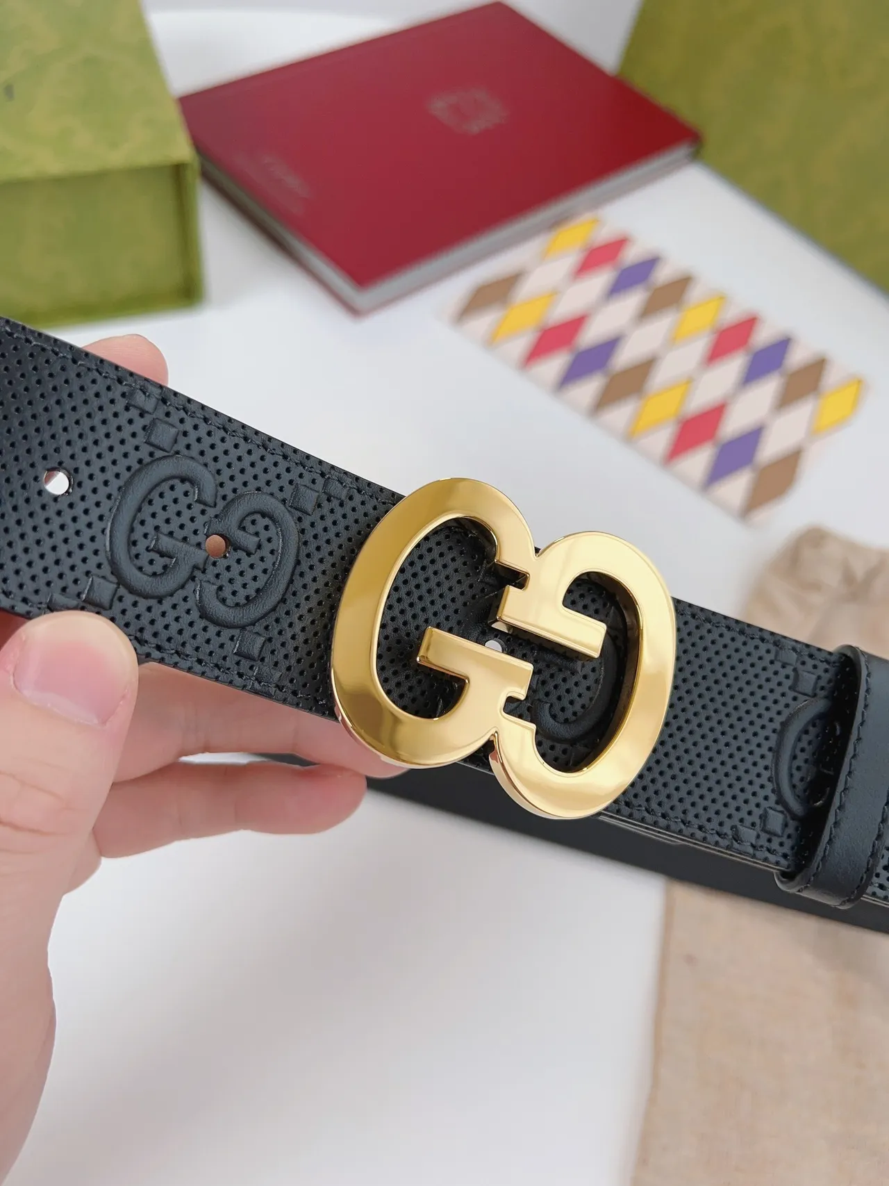 Gucci Double G Belt Black Gold Perforated Embossed GG Monogram Leather Belt 5