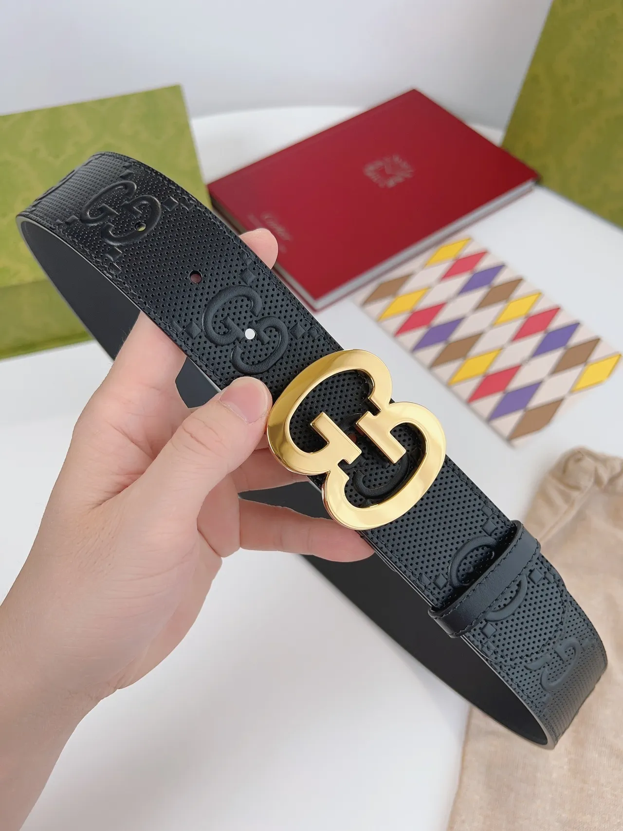 Gucci Double G Belt Black Gold Perforated Embossed GG Monogram Leather Belt 6