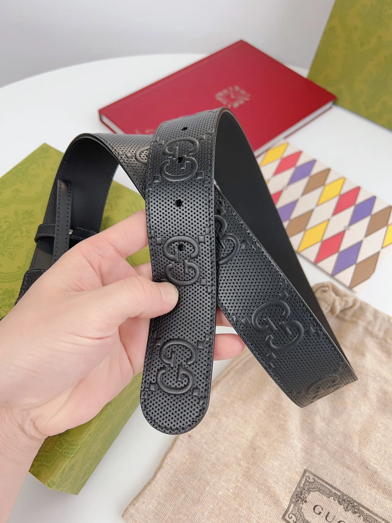 Gucci Double G Belt Black Gold Perforated Embossed GG Monogram Leather Belt 7