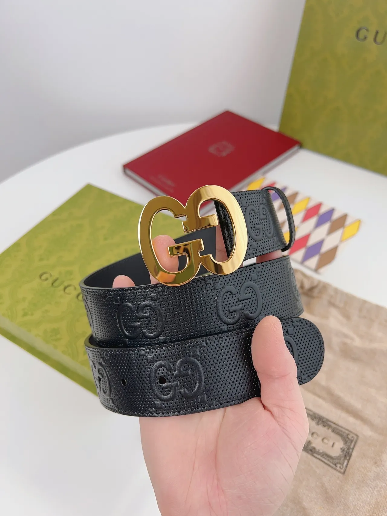 Gucci Double G Belt Black Gold Perforated Embossed GG Monogram Leather Belt 8