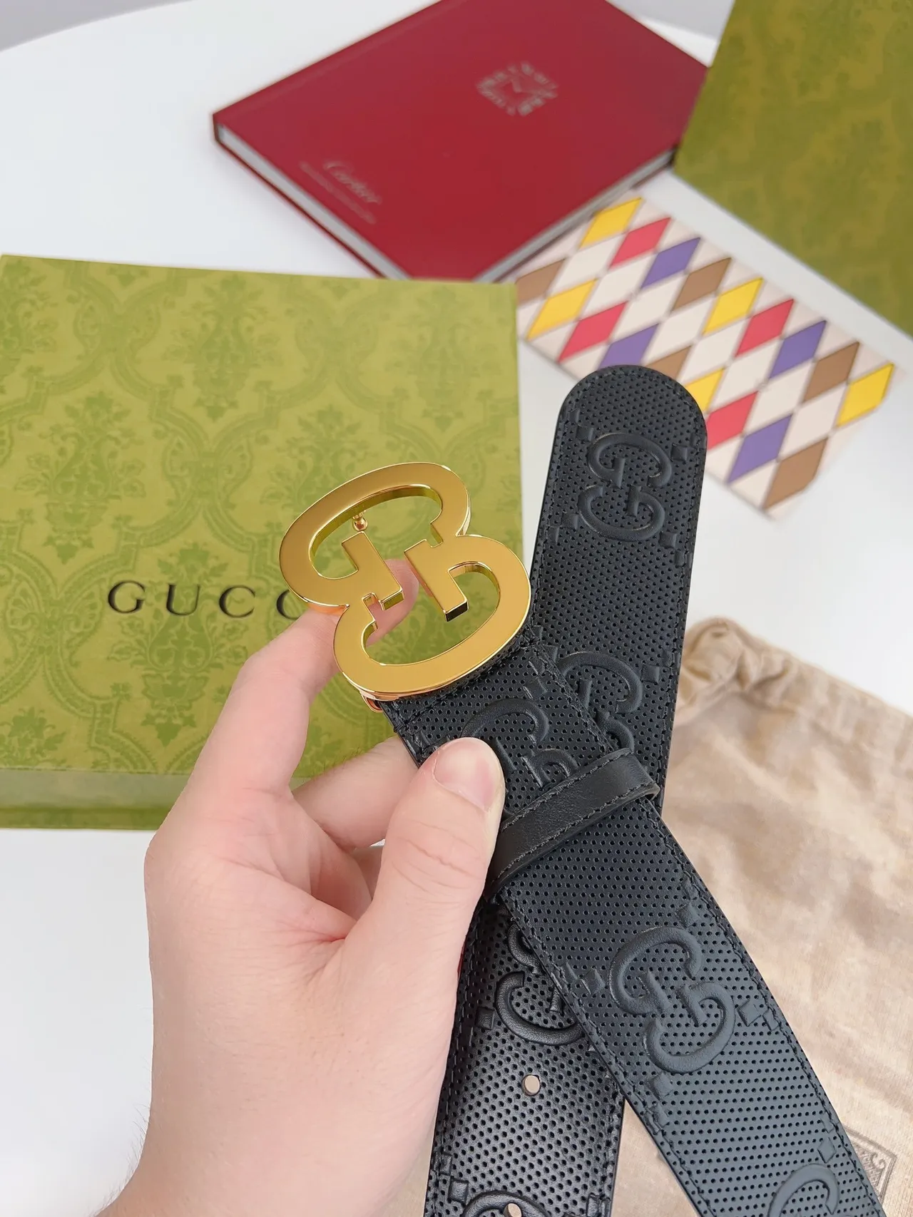 Gucci Double G Belt Black Gold Perforated Embossed GG Monogram Leather Belt 9