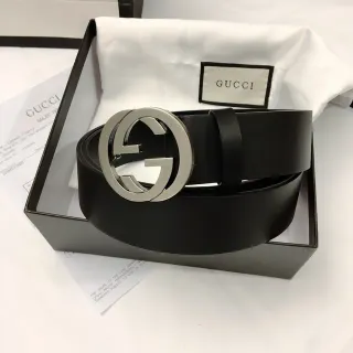 Gucci Double G Belt Black Silver Interlocking Buckle Smooth Leather Belt