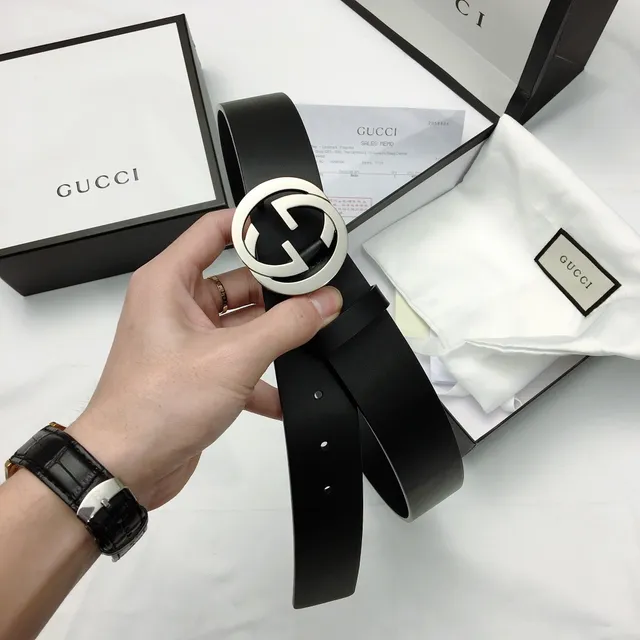 Gucci Double G Belt Black Silver Interlocking Buckle Smooth Leather Belt 6