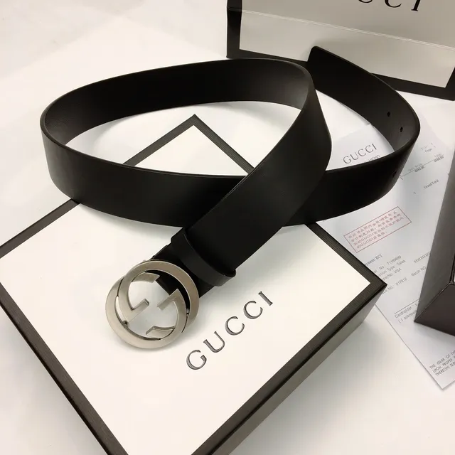 Gucci Double G Belt Black Silver Interlocking Buckle Smooth Leather Belt 9