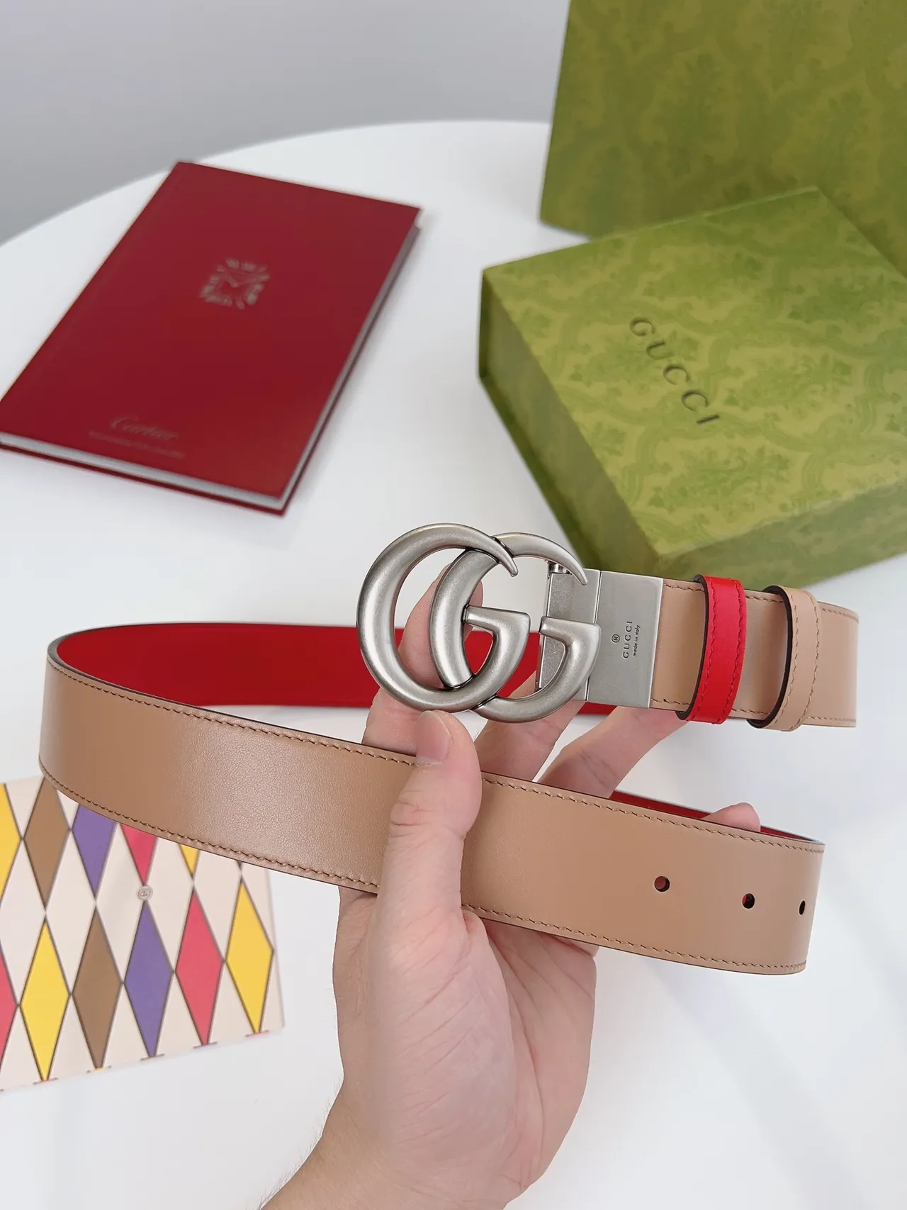 Cinturón Gucci Double G Rojo y Beige de Cuero 3