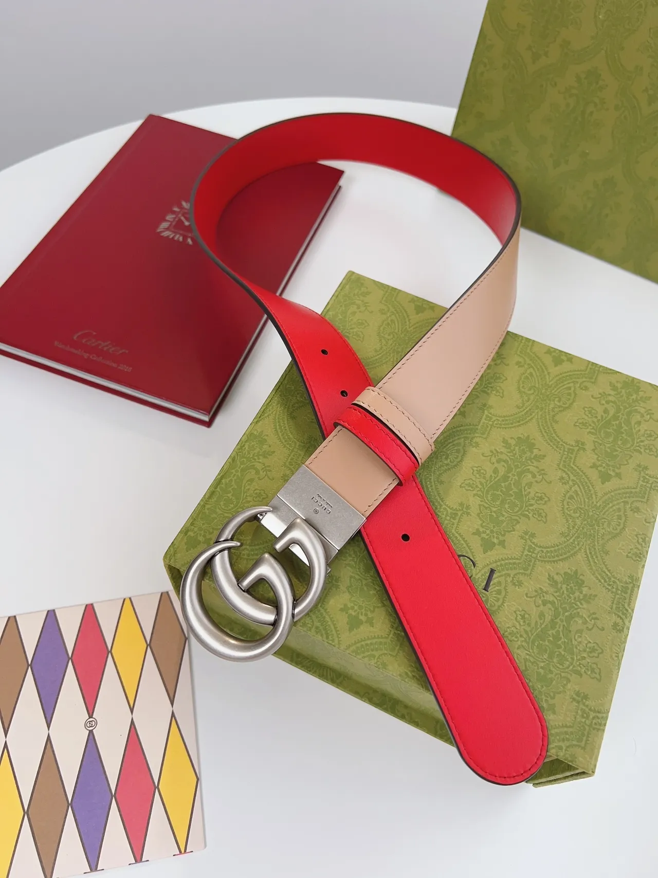 Cinturón Gucci Double G Rojo y Beige de Cuero 9