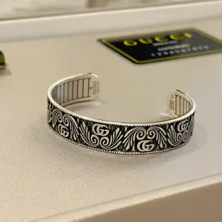 Gucci Engraved Interlocking G Scrollwork Oxidized Silver Open Cuff Bracelet
