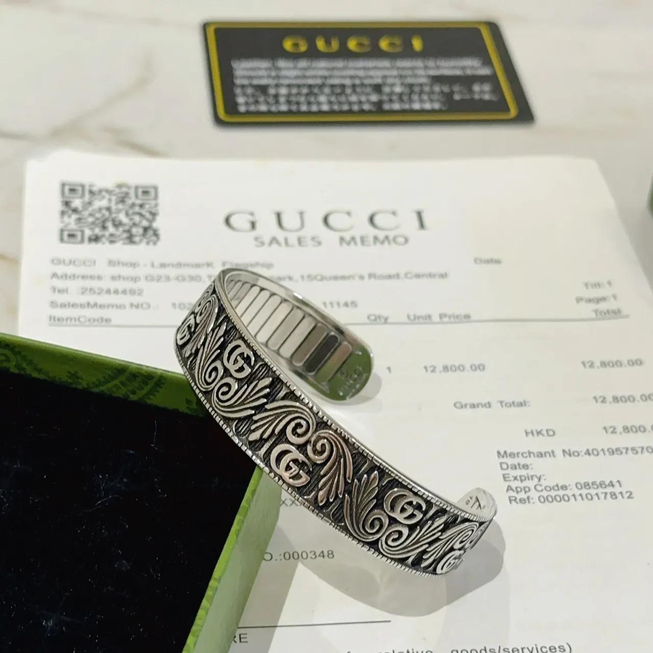 Gucci Engraved Interlocking G Scrollwork Oxidized Silver Open Cuff Bracelet 3