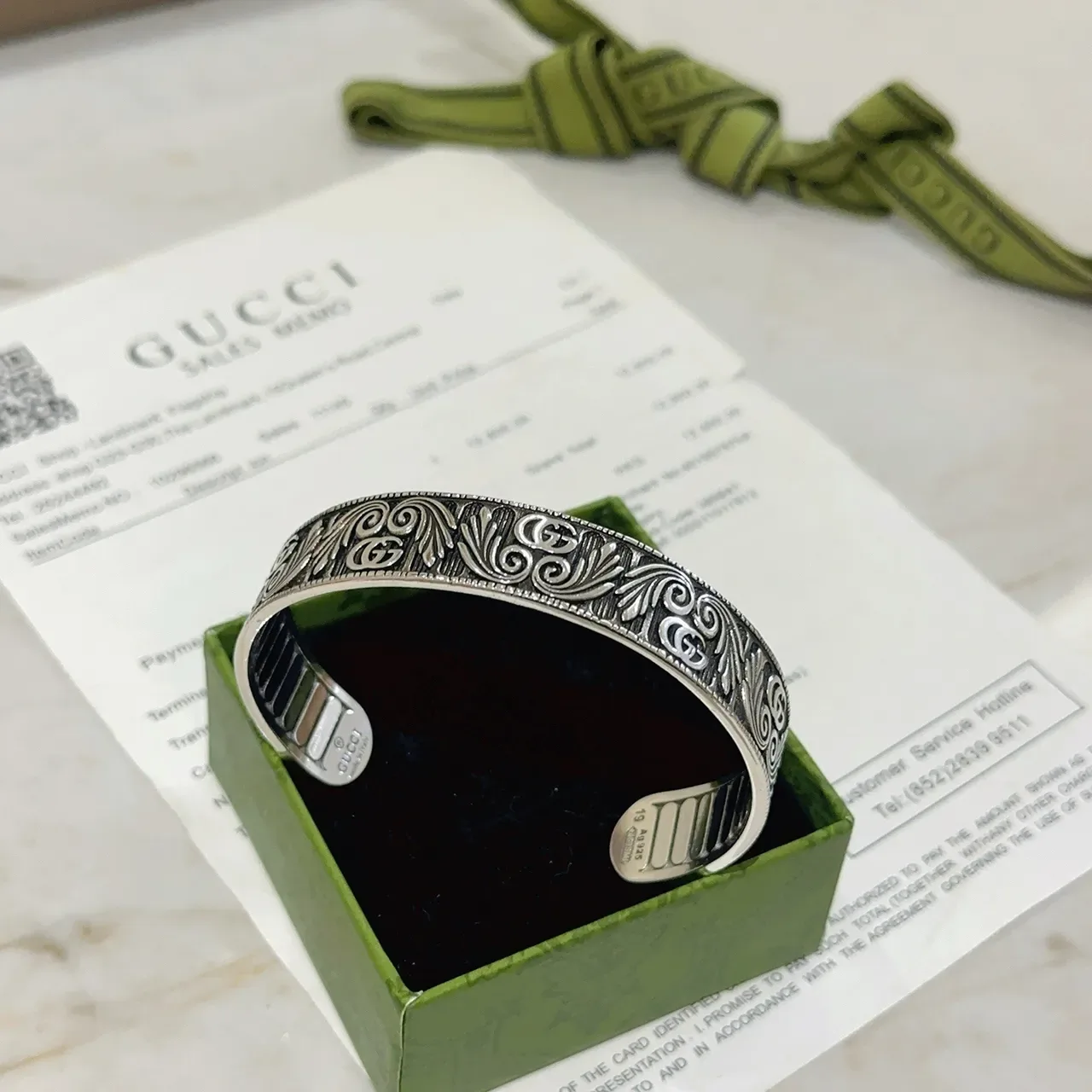 Gucci Engraved Interlocking G Scrollwork Oxidized Silver Open Cuff Bracelet 7