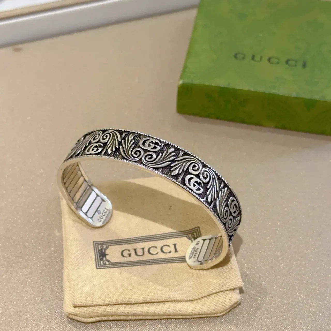 Gucci Engraved Interlocking G Scrollwork Oxidized Silver Open Cuff Bracelet 9
