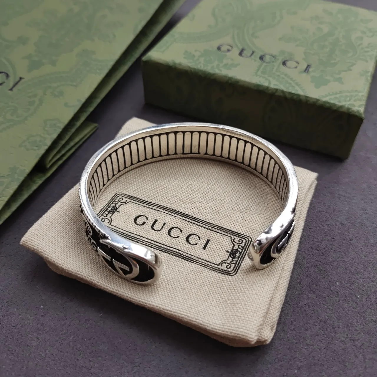Gucci Engraved Scrollwork Black Enamel Open Cuff Bracelet 2