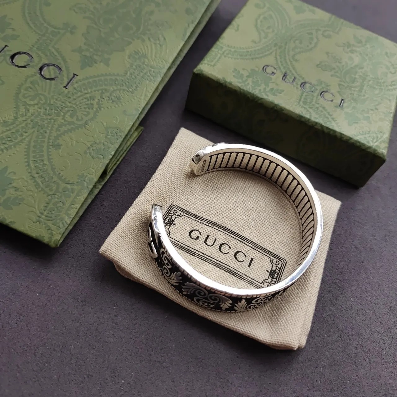 Gucci Engraved Scrollwork Black Enamel Open Cuff Bracelet 3