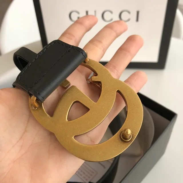 Gucci GG Marmont কালো সোনা Interlocking G বাকেল চিকন চামড়ার বেল্ট 3