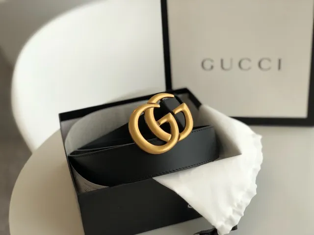 Gucci GG Marmont কালো সোনা Interlocking G বাকেল চিকন চামড়ার বেল্ট 6