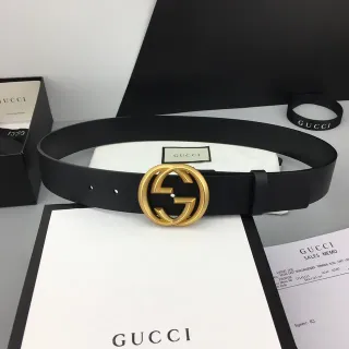 Gucci GG Marmont Black Gold Interlocking G Buckle Smooth Leather Belt
