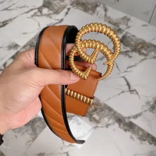 Gucci GG Marmont Brown Black Quilted Tan Edge Piping Leather Belt