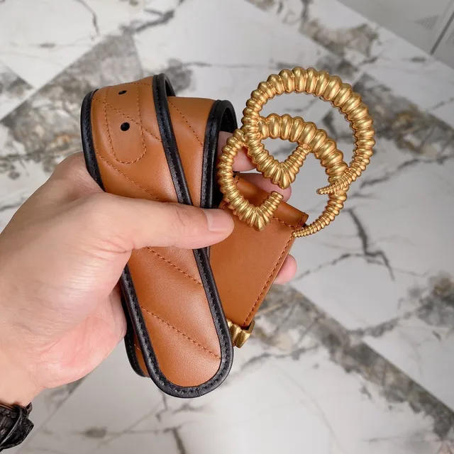 Gucci GG Marmont Brown Black Quilted Tan Edge Piping Leather Belt 2