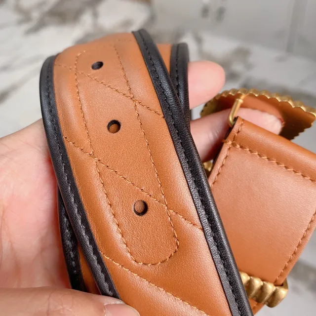 Gucci GG Marmont Brown Black Quilted Tan Edge Piping Leather Belt 4