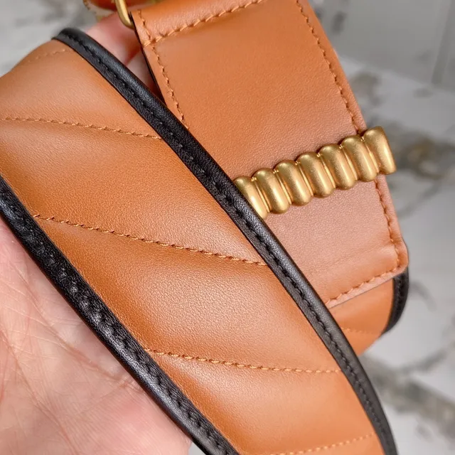 Gucci GG Marmont Brown Black Quilted Tan Edge Piping Leather Belt 5