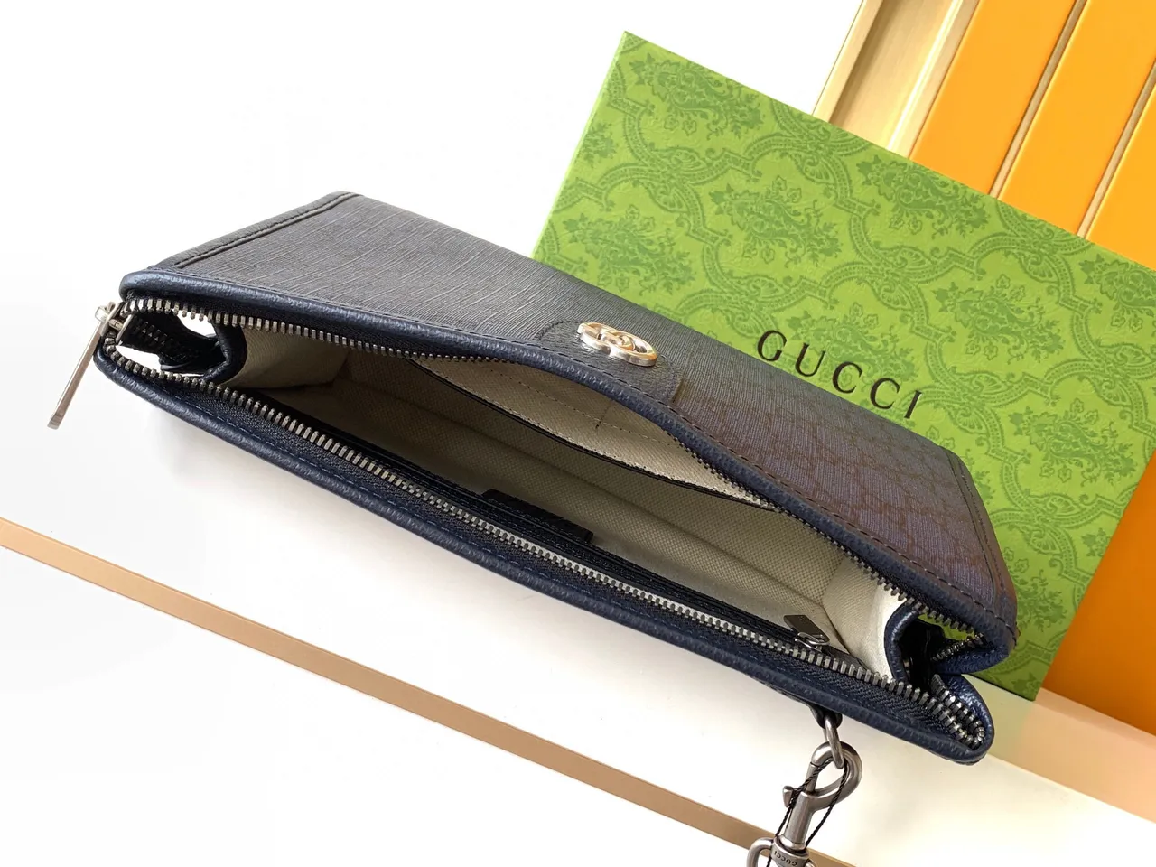 Gucci GG Marmont Navy Gold Monogram Jacquard Wristlet 3