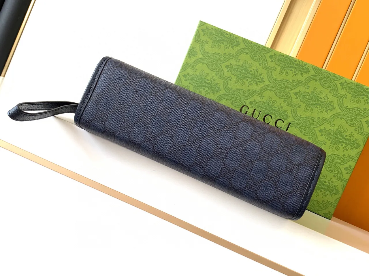 Gucci GG Marmont Navy Gold Monogram Jacquard Wristlet 4