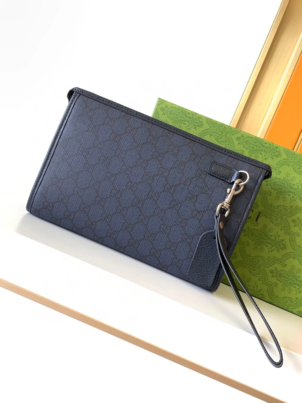 Gucci GG Marmont Navy Gold Monogram Jacquard Wristlet 5