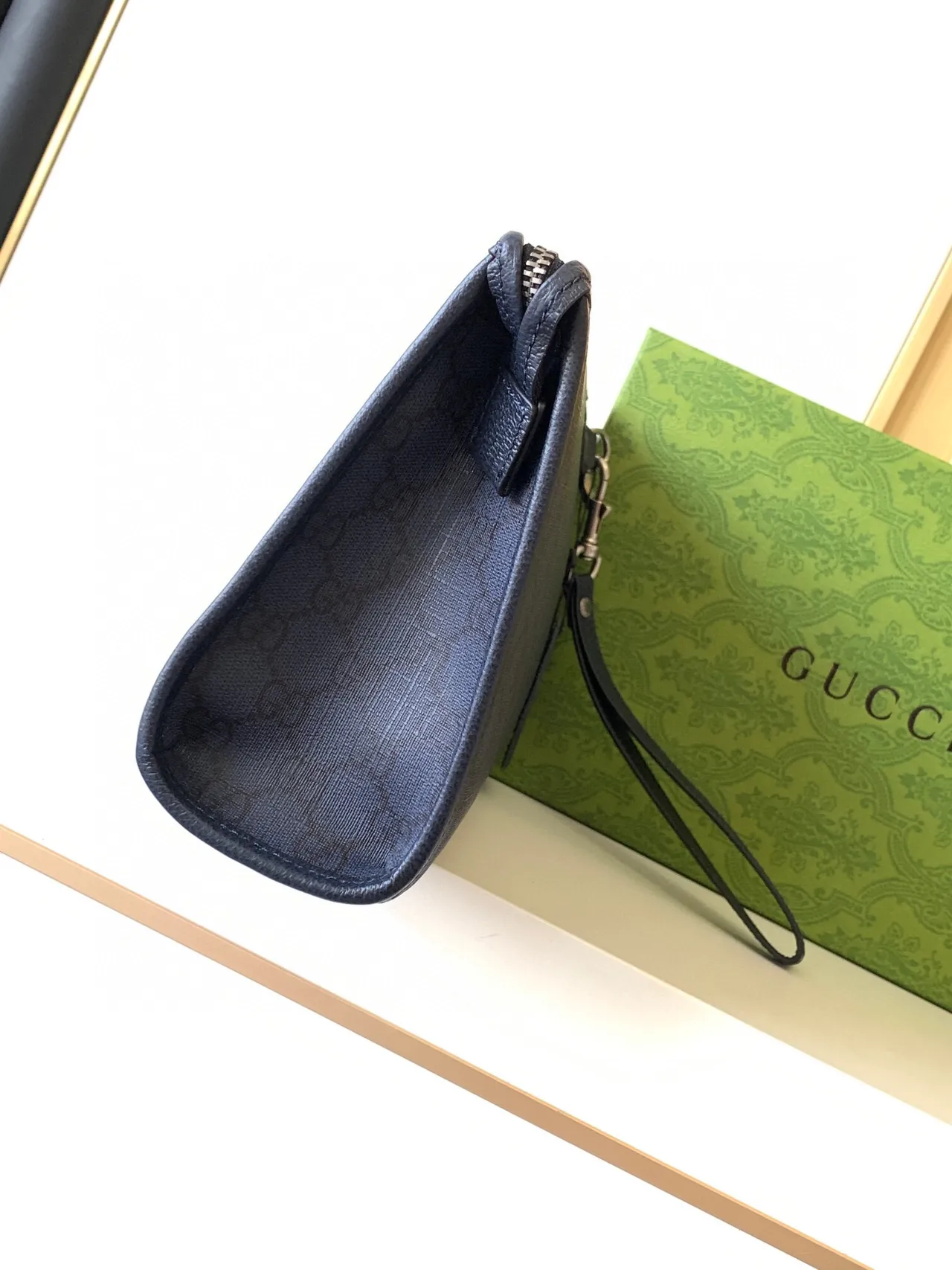 Gucci GG Marmont Navy Gold Monogram Jacquard Wristlet 6