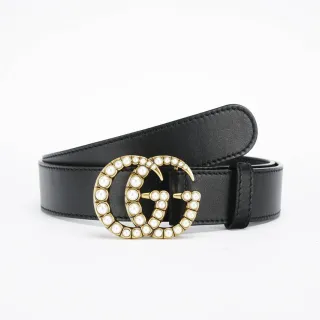 Gucci GG Marmont Pearl-Embellished Black Leather Belt